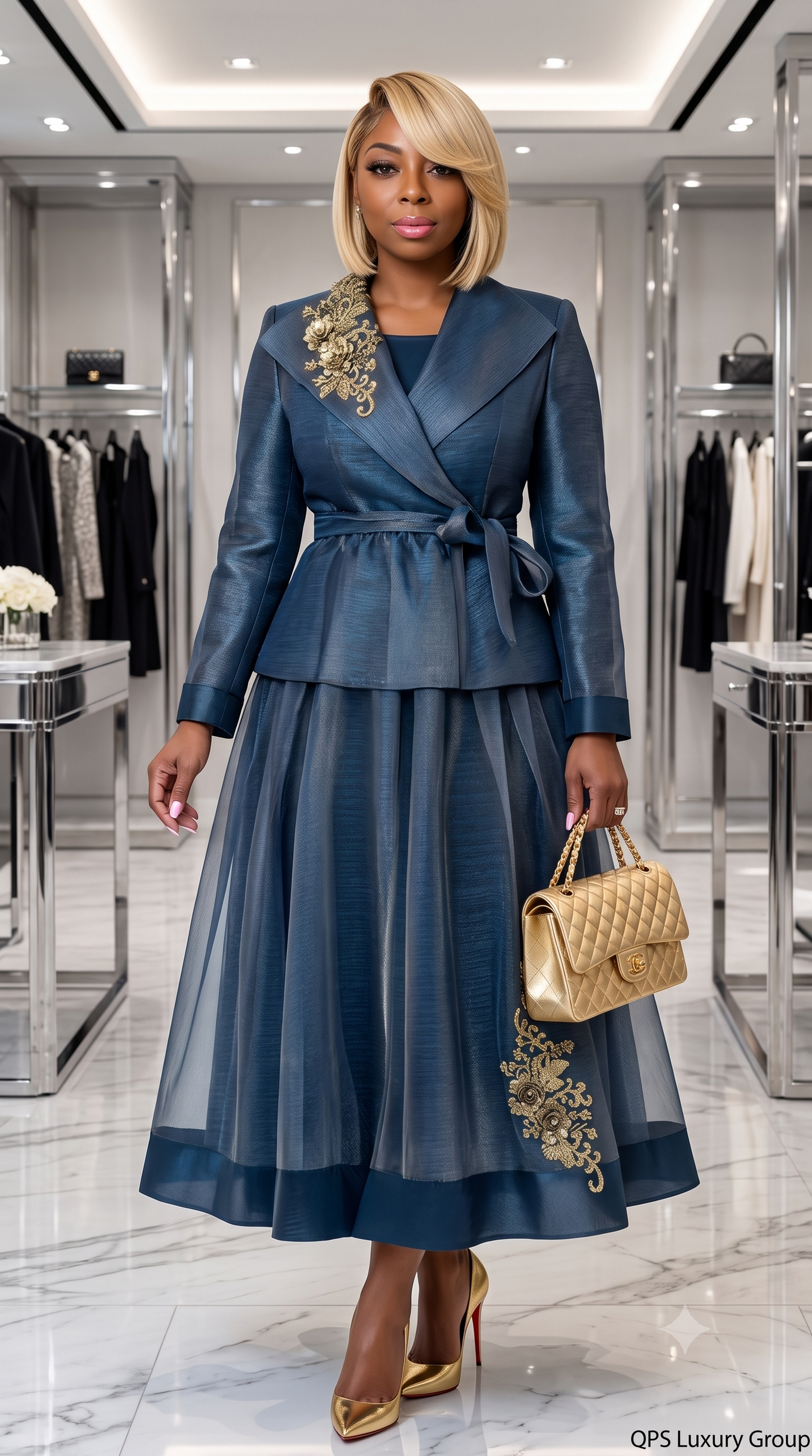 Stellar Looks Navy & Gold Appliqué Dress (SL601283)