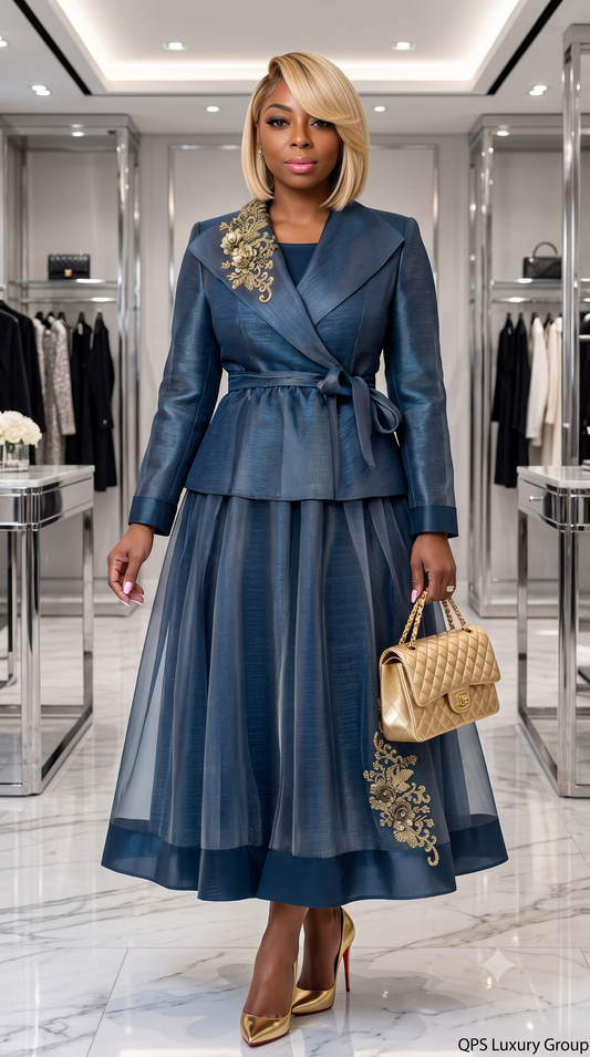 Stellar Looks Navy & Gold Appliqué Dress (SL601283)