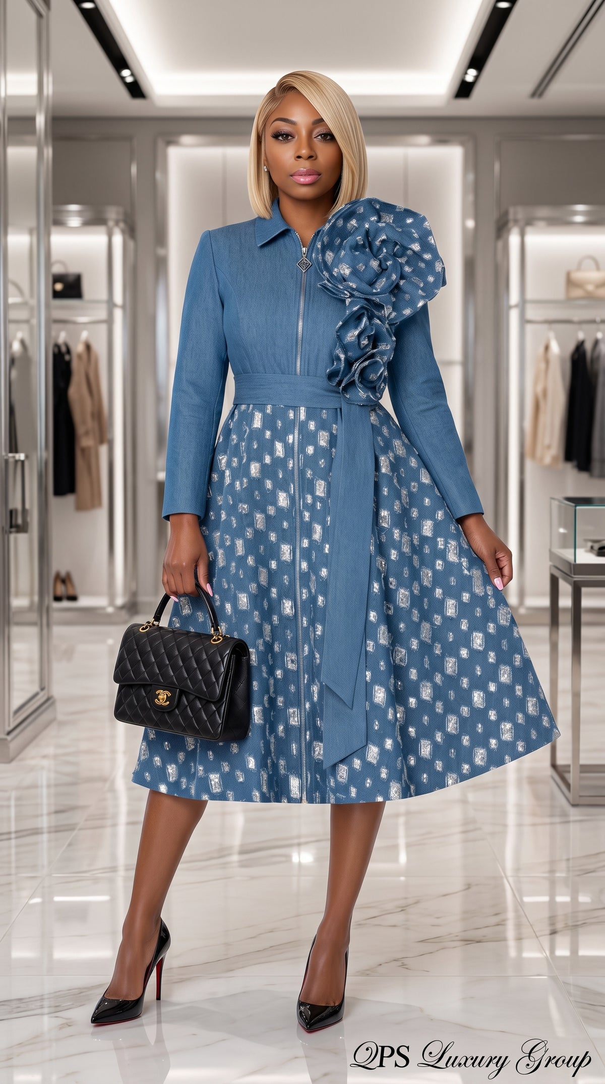 The 'Sapphire Elegance' 3D Floral Midi Dress