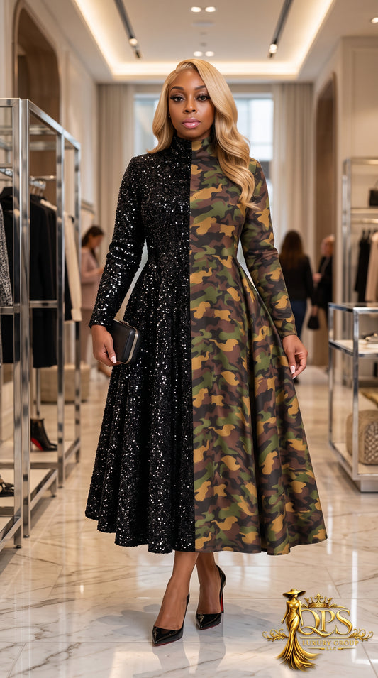 The "Regal Edge" Sequin & Camo Color Block  Dress