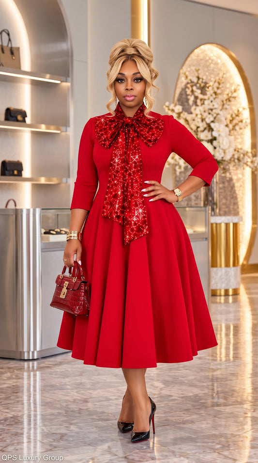 The Scarlet Elegance Sequin Bow Dress - Red