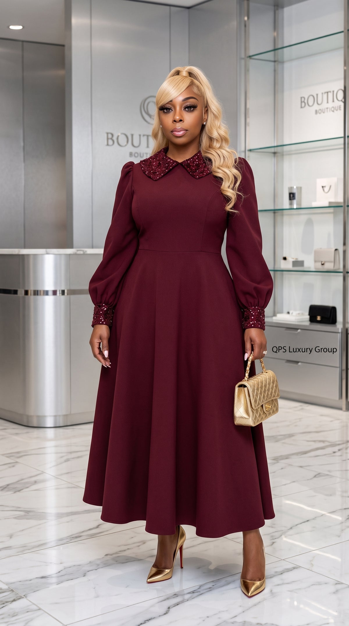 The Regal Sequin Collar Fit & Flare Midi Dress