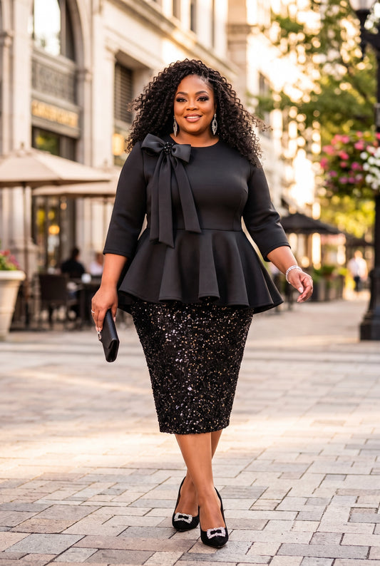 The "Regal Radiance"  Sequin Cascading Cape-Back Peplum Dress