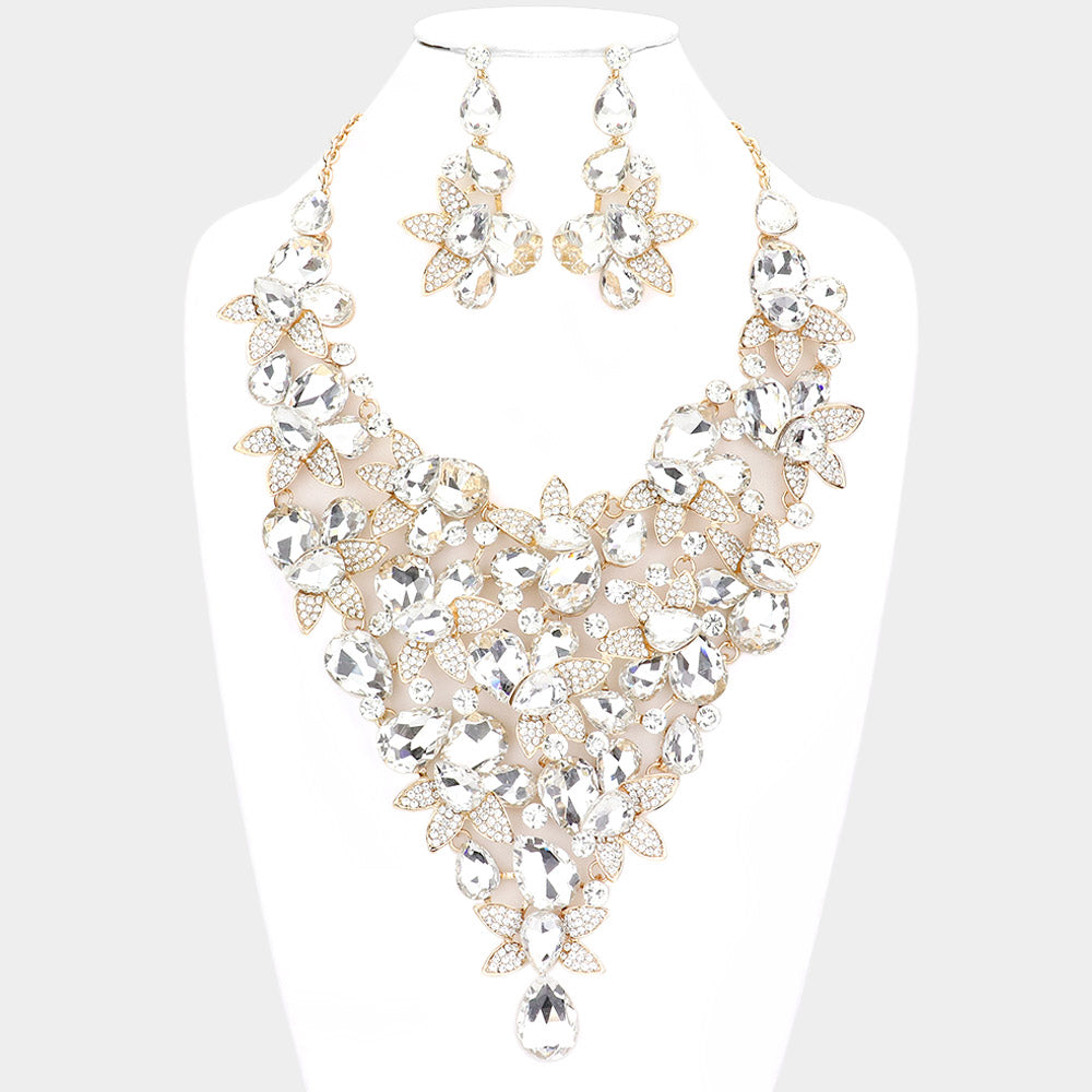 Teardrop Stone Leaf Cluster Vine Statement Evening Necklace