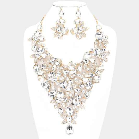 Teardrop Stone Leaf Cluster Vine Statement Evening Necklace
