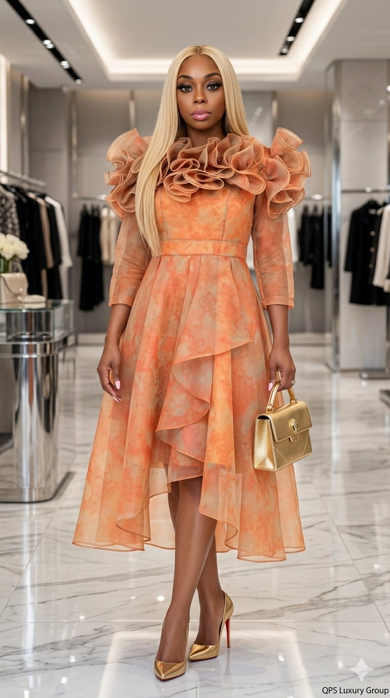 Orange Ruffle Collar High-Low Organza dress