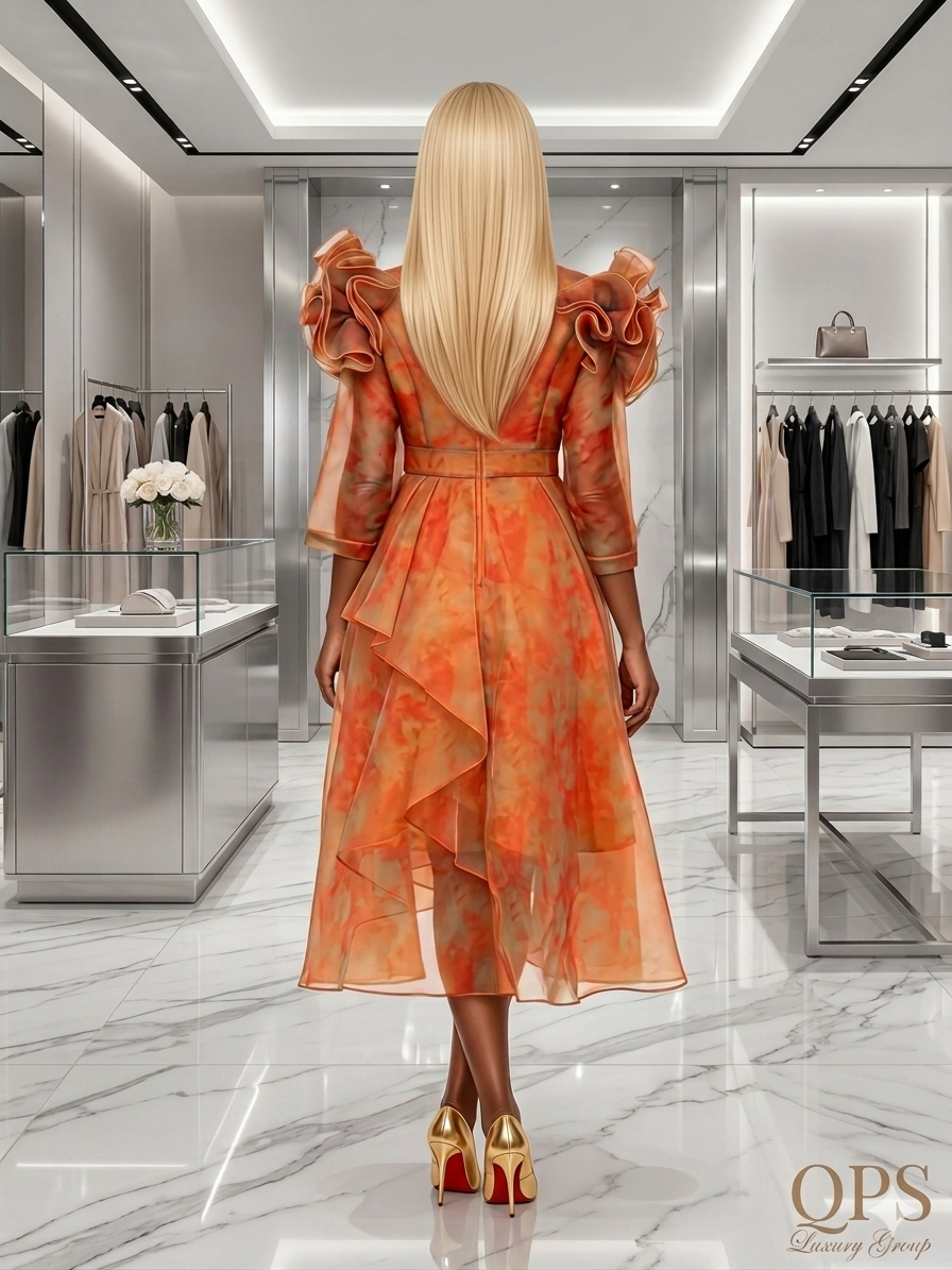 Orange Ruffle Collar High-Low Organza dress