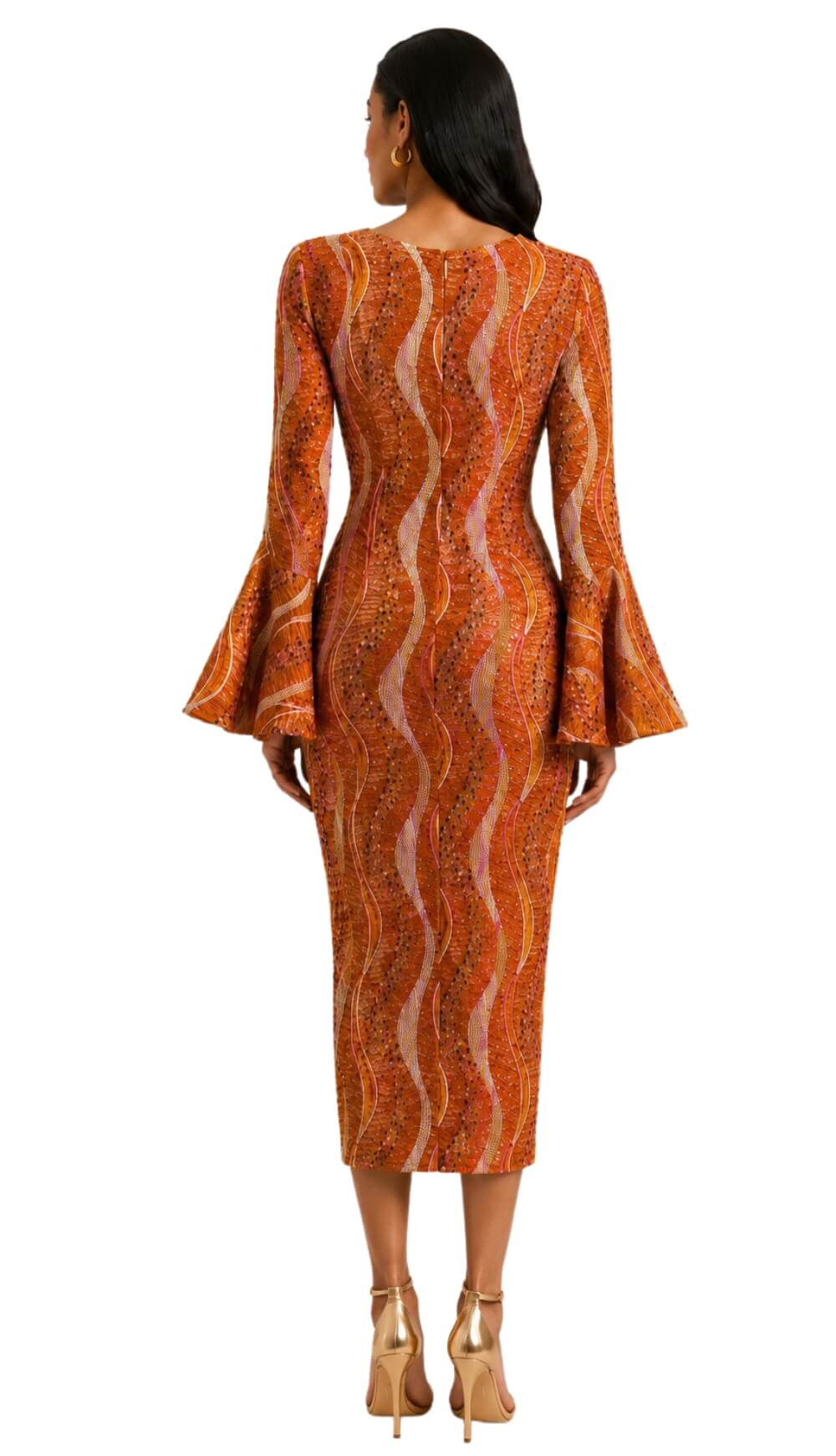 "Golden Wave" Sequin Flare-Sleeve Sheath Dress