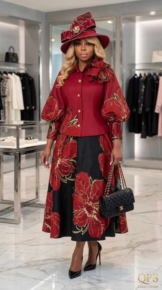 Dorinda Clark Cole 310432 – Regal Burgundy Floral Skirt Suit