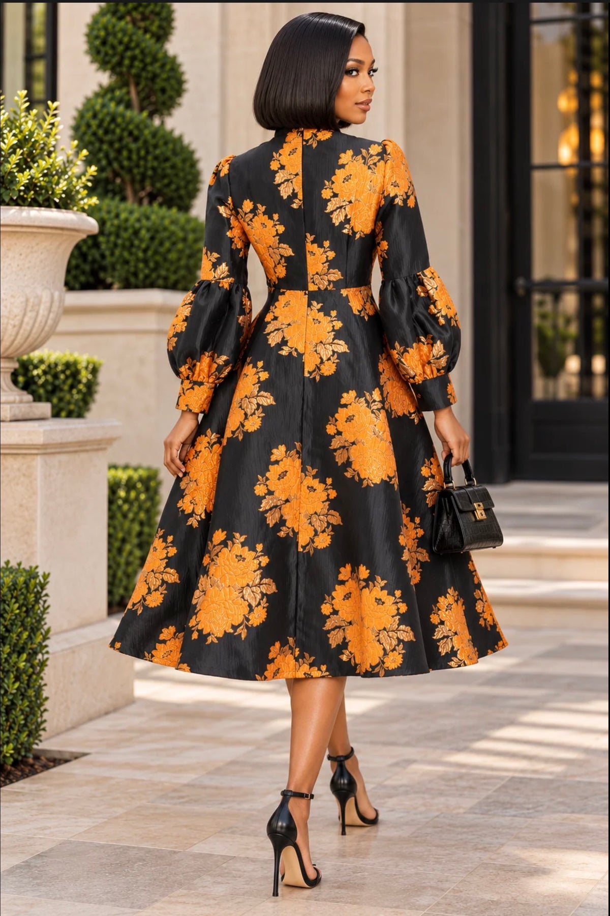 The Gilded Bloom Bow-Neck Midi Dress