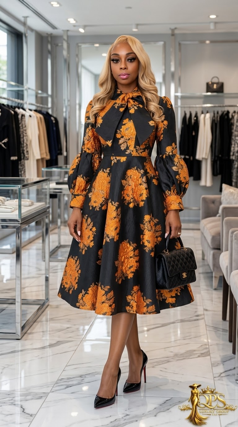 The Gilded Bloom Bow-Neck Midi Dress