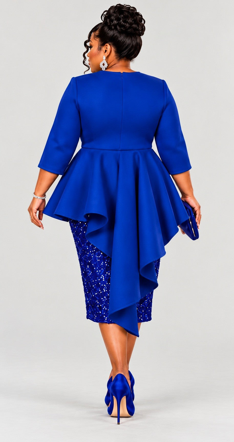 The "Regal Radiance"  Sequin Cascading Cape-Back Peplum Dress