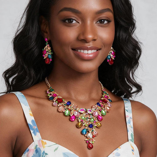 Cascading Flora Teardrop Glass Stone Bib Necklace & Earring Set