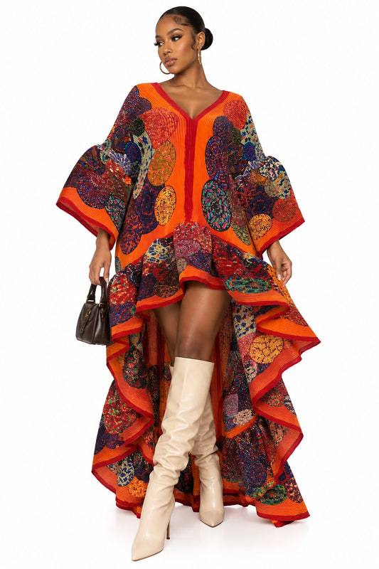 Dramatic cascade pleated high-low dress