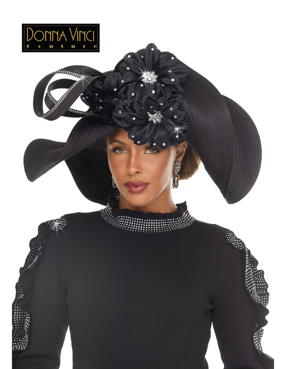 DonnaVinci Couture H13569 — Signature Rhinestone Floral Statement Hat