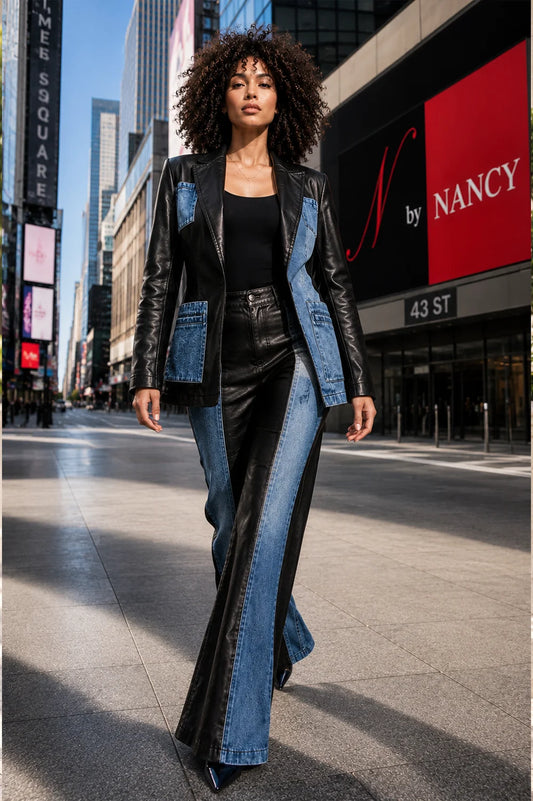 Two-Tone Denim & Faux Leather Pant Set