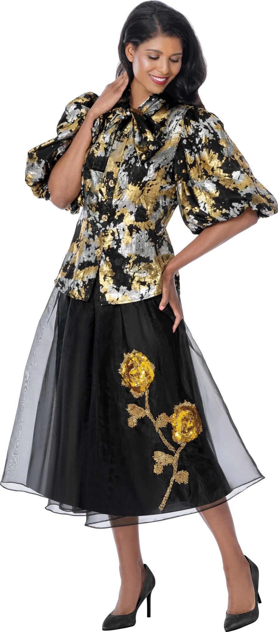 Metallic Tie-Neck Jacket & Organza Floral Skirt Set
