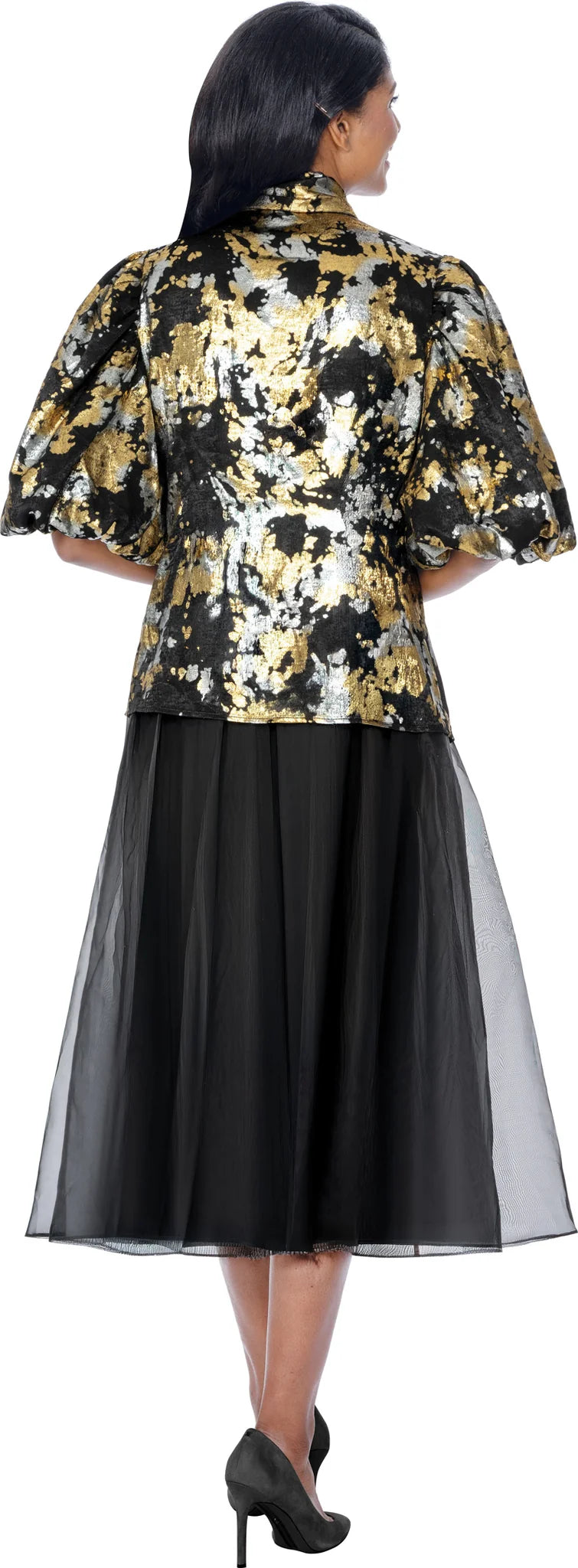 Metallic Tie-Neck Jacket & Organza Floral Skirt Set