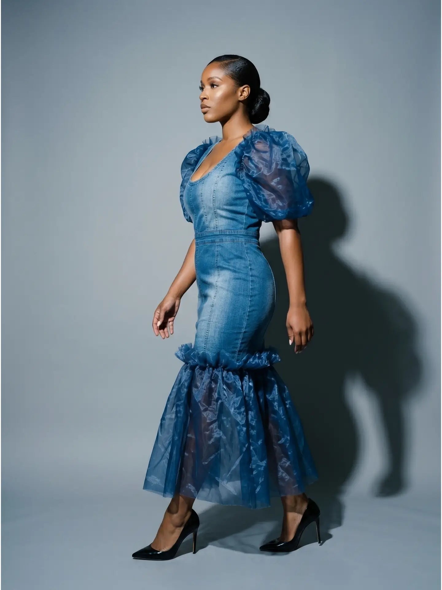 Mixed-Media Denim Midi Dress with Organza Puff Sleeves & Ruffle Hem
