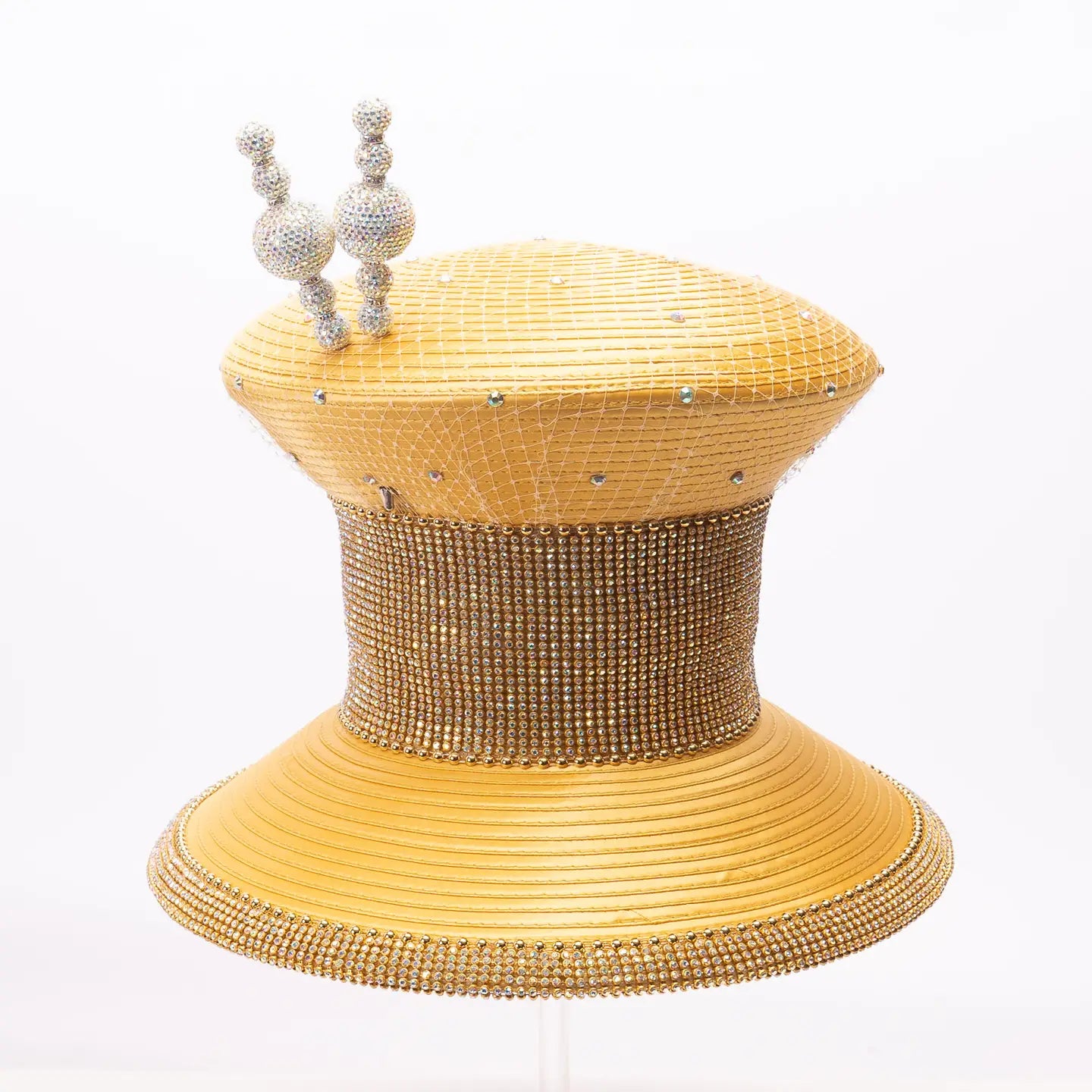 Exquisite 12" Satin Mushroom Beret with Rhinestone Veil