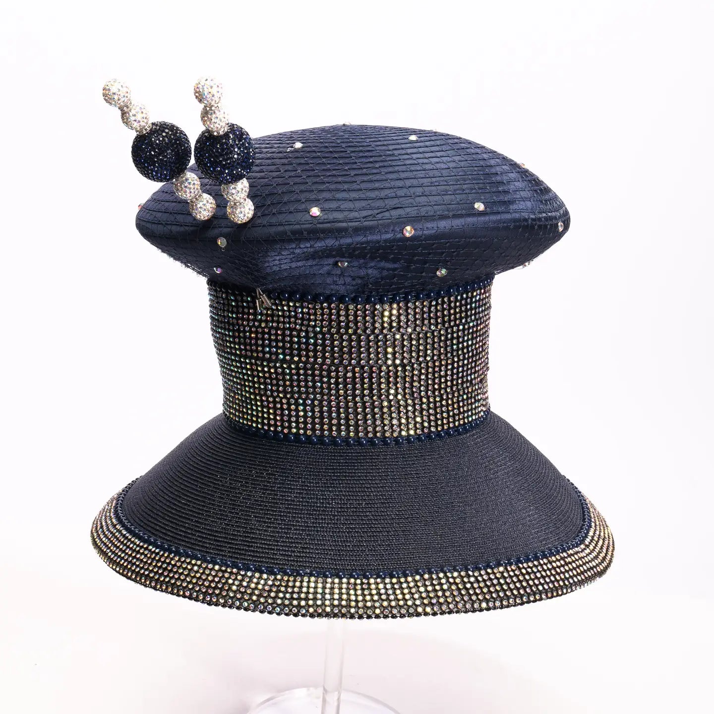 Exquisite 12" Satin Mushroom Beret with Rhinestone Veil