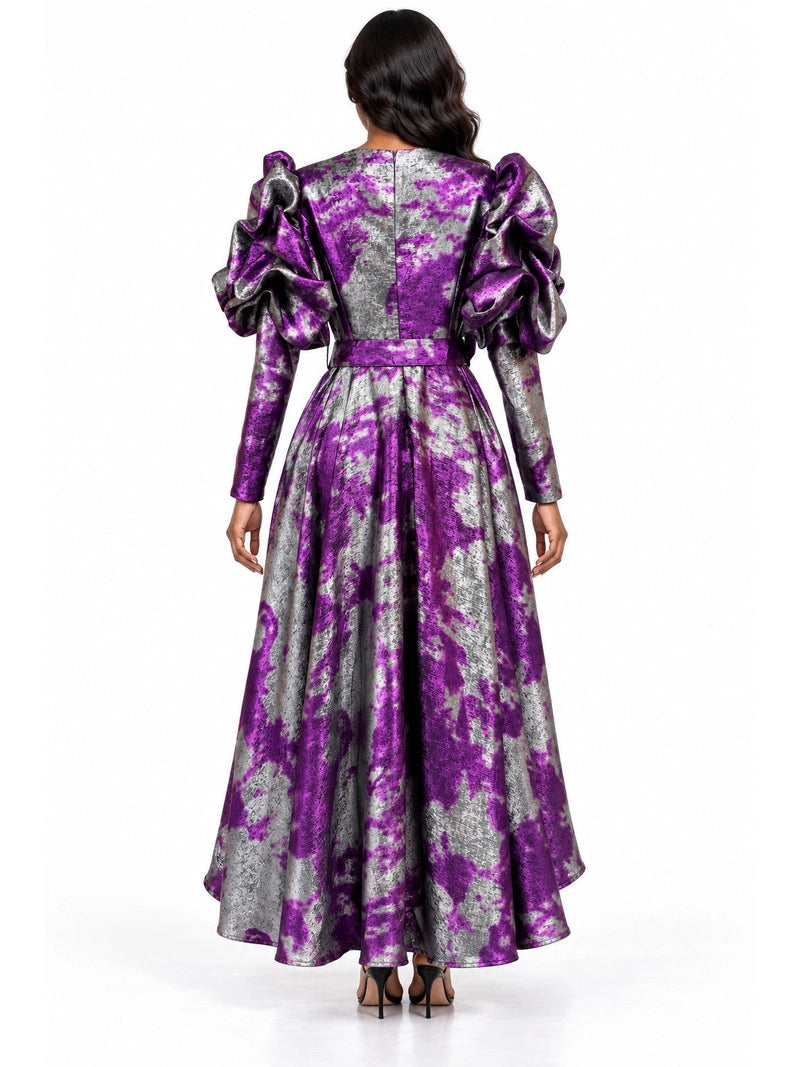The Grand Entrance Metallic Puff-Sleeve High-Low Dress