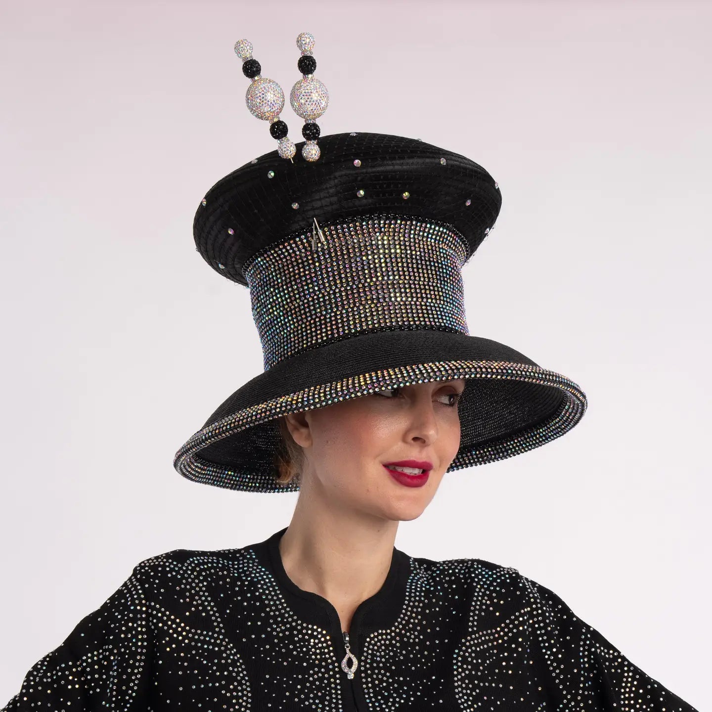 Exquisite 12" Satin Mushroom Beret with Rhinestone Veil