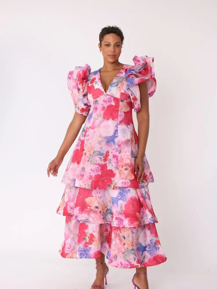 Watercolor Floral Tiered Midi Dress