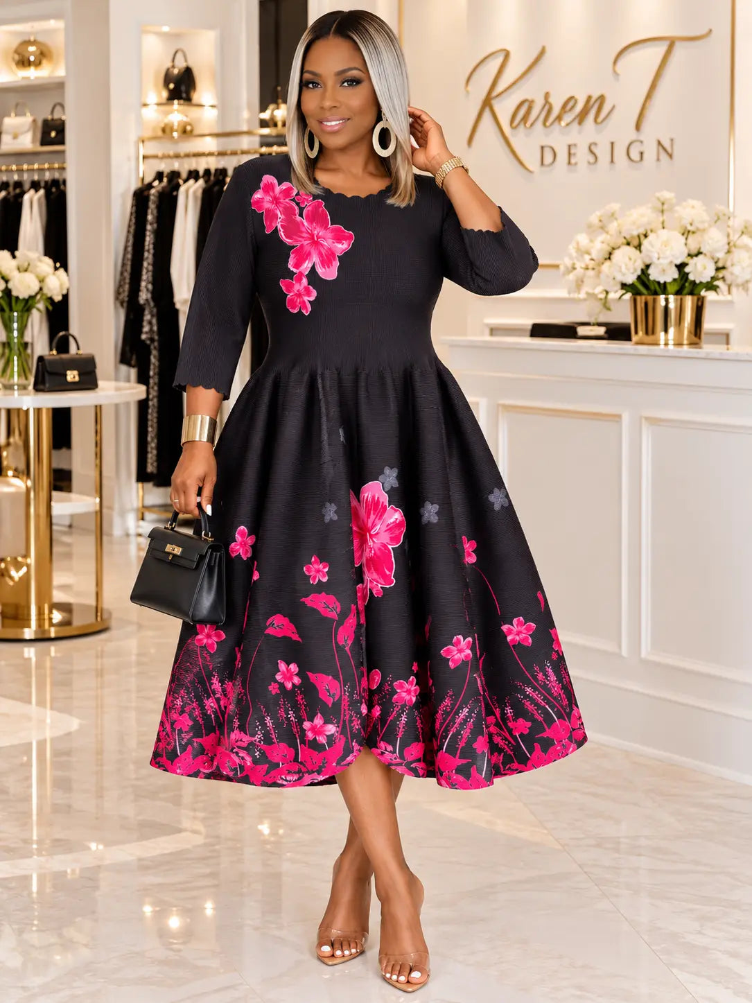 The Midnight Bloom Scalloped Midi Dress