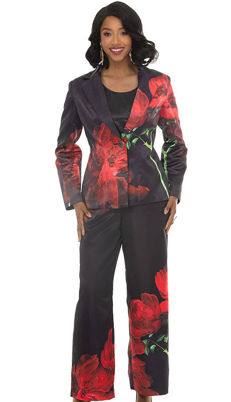 Donna Vinci 12286 -3-Piece Floral Satin Suit: Jacket, Cami, and Pant Set