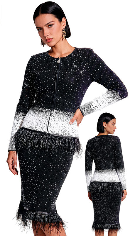 Donna Vinci 13486: Exquisite 2-Piece Rhinestone & Feather Trim Skirt Set