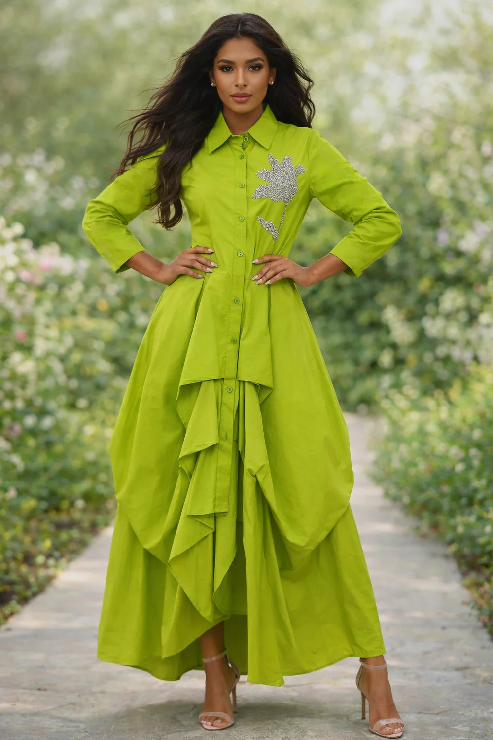 Cascade drape applique maxi dress
